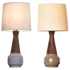 Vintage Mid-Century Modern Inspired Ceramic Wood Table Lamp, Stoneware Walnut