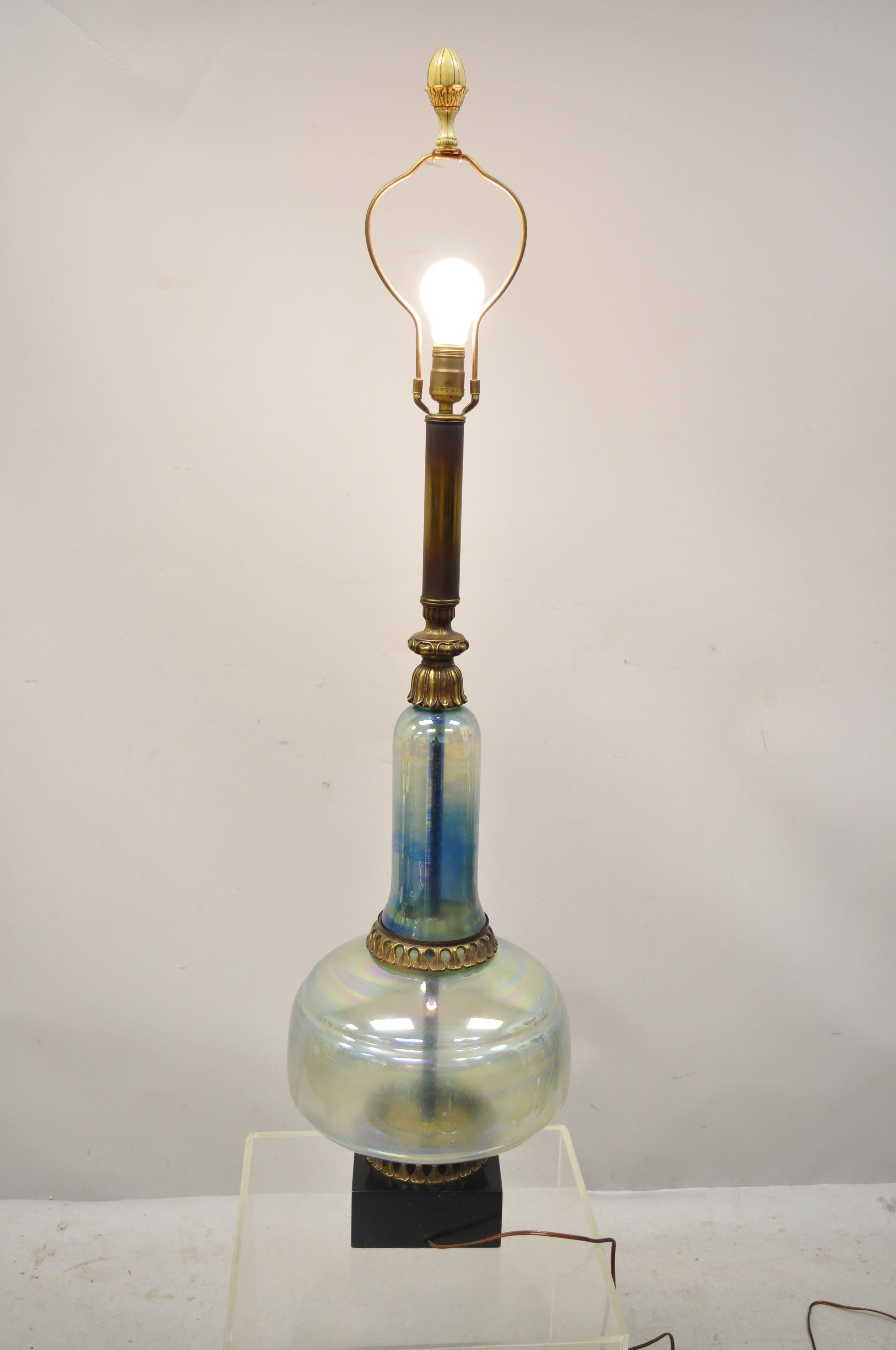 Vintage Mid-Century Modern Italian Iridescent Blue Art Glass Tall Table Lamp. Circa Mid 20th Century. Measurements: 49