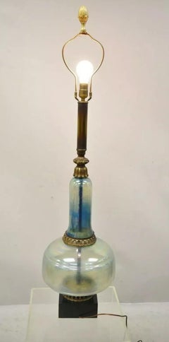 Vintage Mid Century Modern Italian Iridescent Blue Art Glass Tall Table Lamp