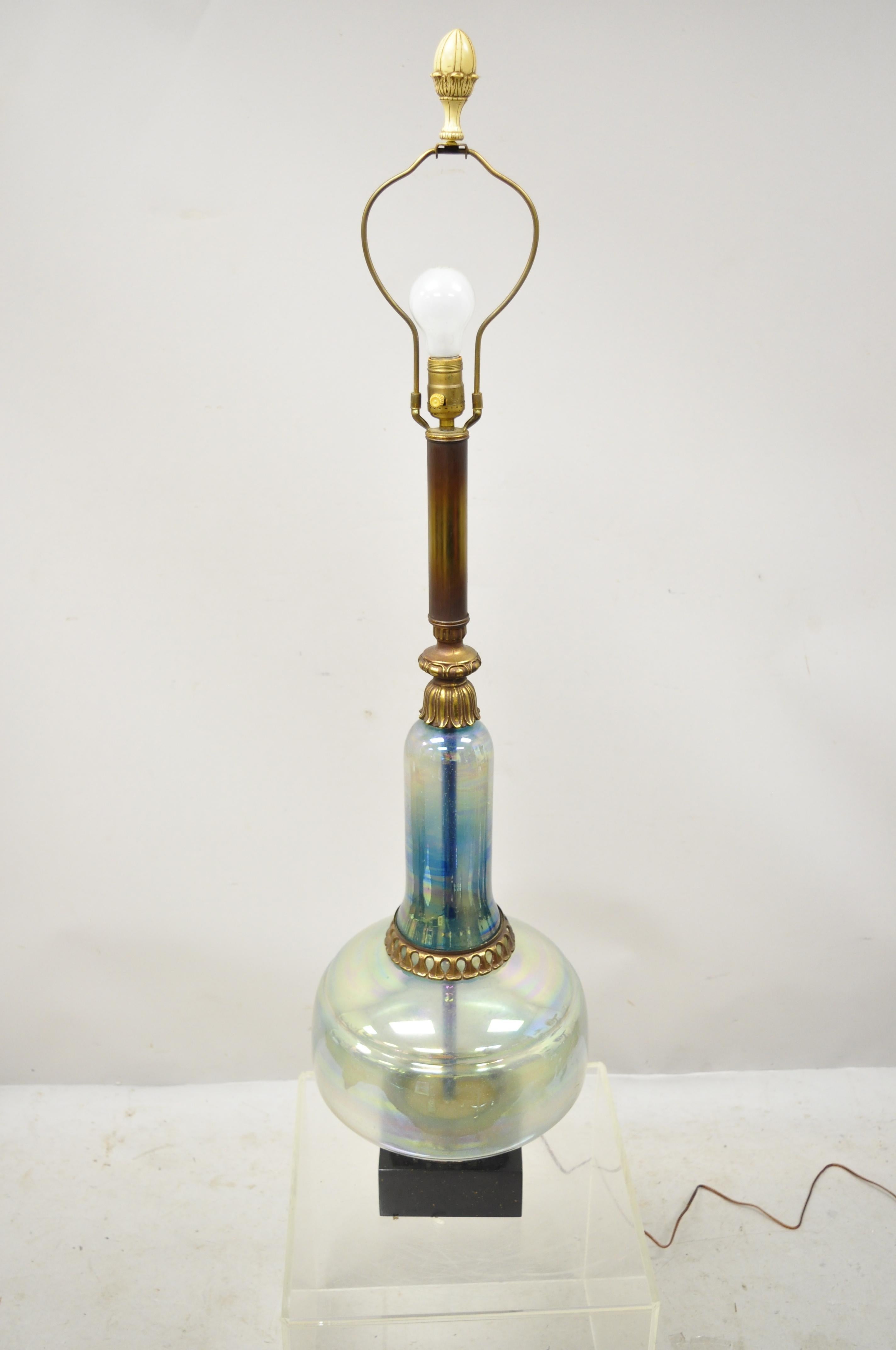 North American Vintage Mid Century Modern Italian Iridescent Blue Art Glass Tall Table Lamp For Sale
