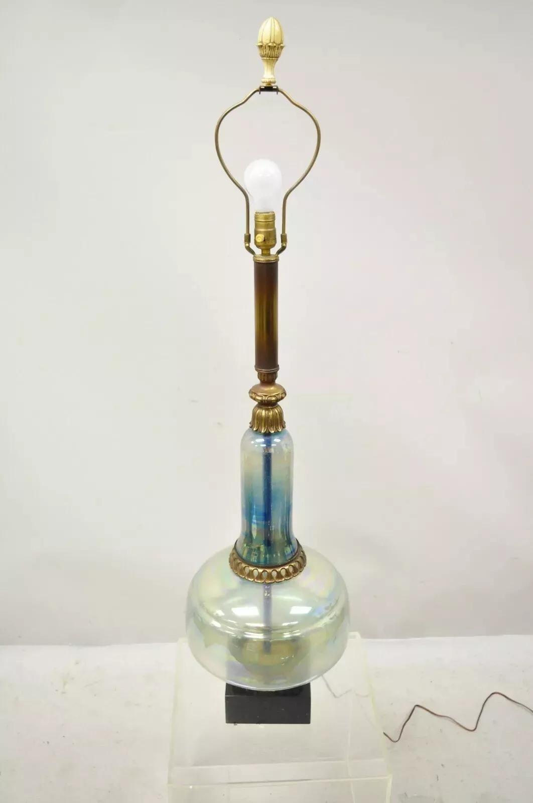 20th Century Vintage Mid Century Modern Italian Iridescent Blue Art Glass Tall Table Lamp For Sale