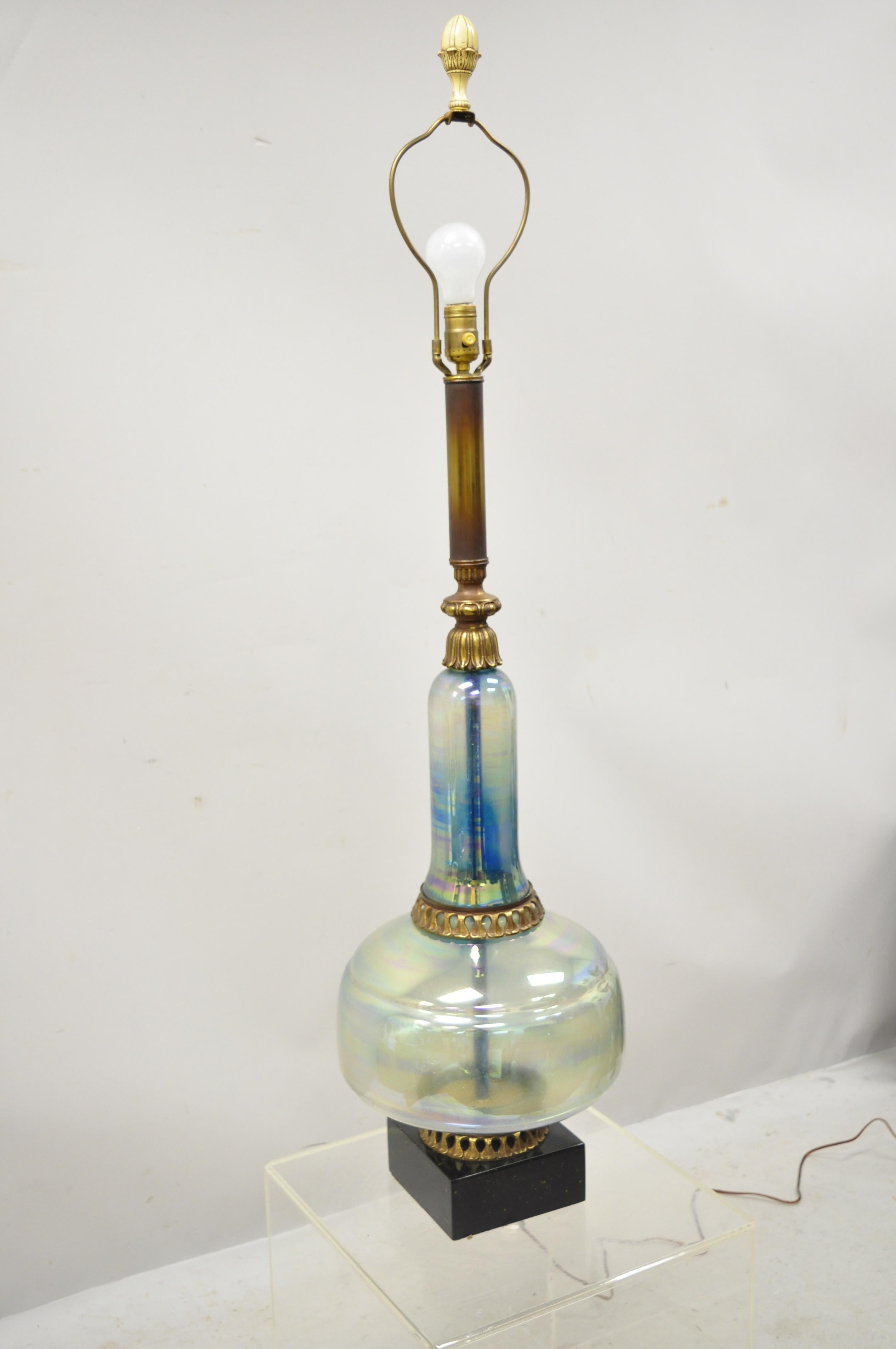 Metal Vintage Mid Century Modern Italian Iridescent Blue Art Glass Tall Table Lamp For Sale