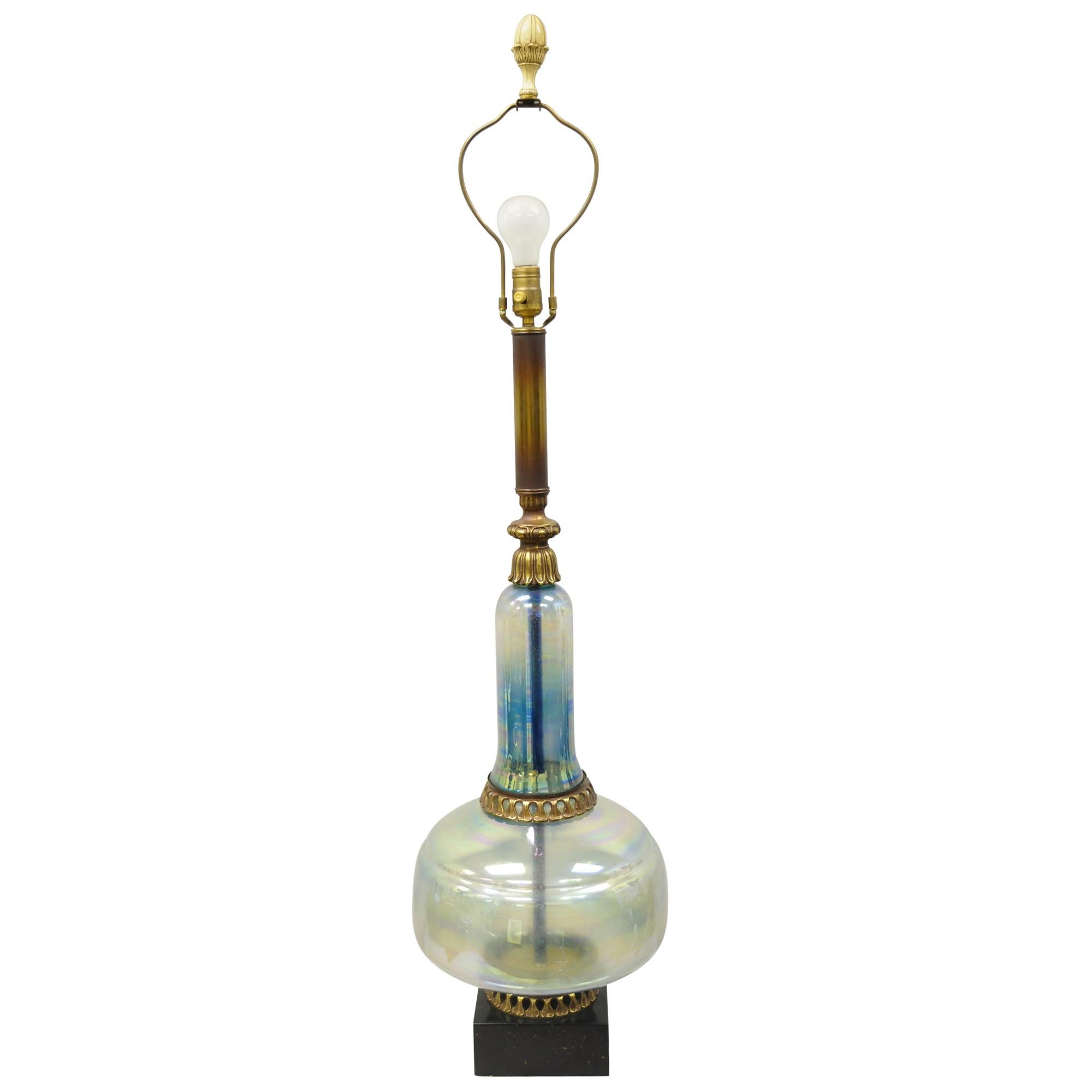 Vintage Mid Century Modern Italian Iridescent Blue Art Glass Tall Table Lamp For Sale