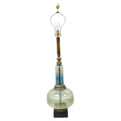 Vintage Mid Century Modern Italian Iridescent Blue Art Glass Tall Table Lamp