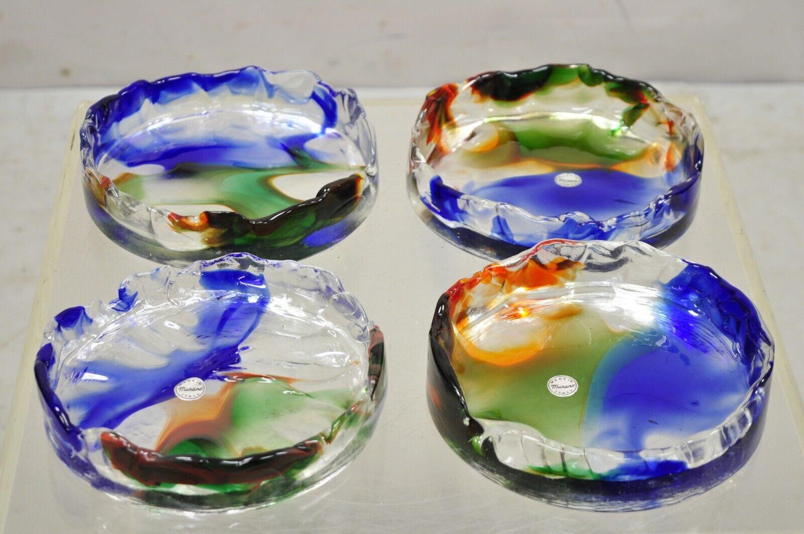 Vintage Mid-Century Modern Italian Murano Blue Green Art Glass Ashtray Catchall (Price is per piece). Item features a beautiful blown glass, wonderful vibrant color, groove for holding your smoking item of choice, original label, very nice vintage