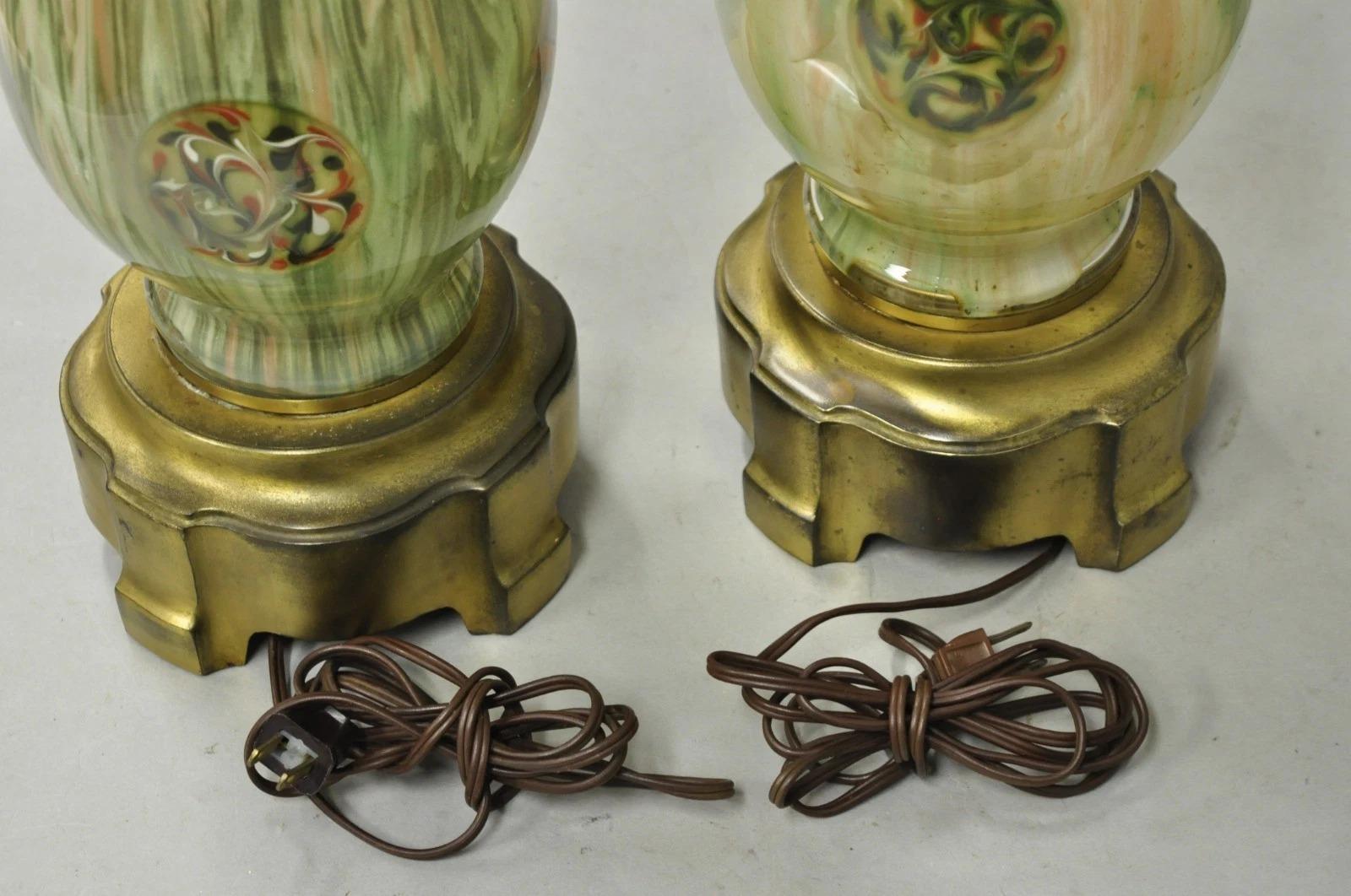 Vintage Mid Century Modern Italian Murano Green Blown Glass Table Lamps - a Pair For Sale 3