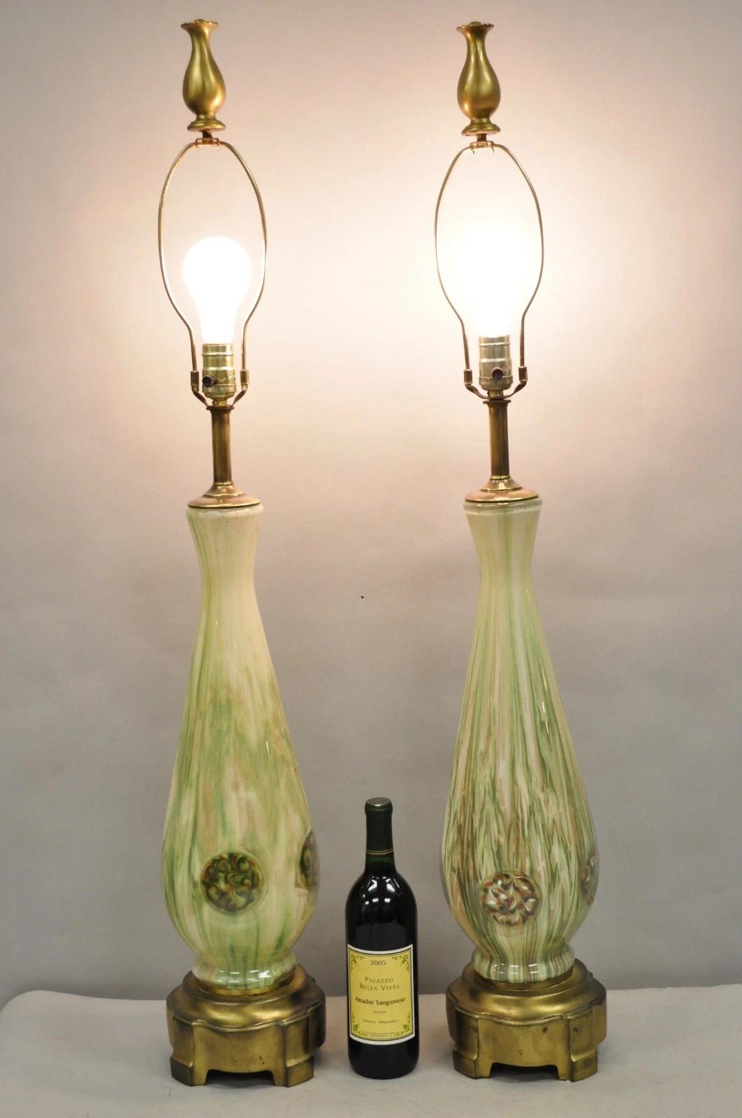 Vintage Mid Century Modern Italian Murano Green Blown Glass Table Lamps with Applied Interior 