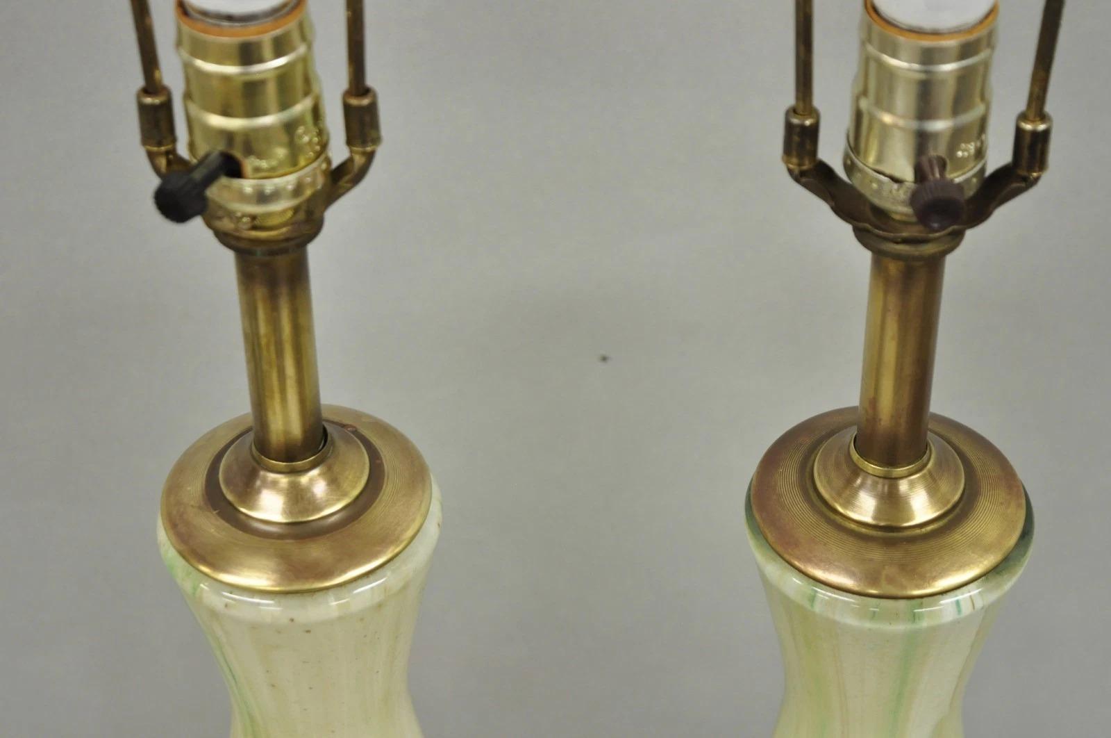 Metal Vintage Mid Century Modern Italian Murano Green Blown Glass Table Lamps - a Pair For Sale