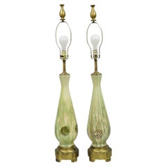 Vintage Mid Century Modern Italian Murano Green Blown Glass Table Lamps - a Pair