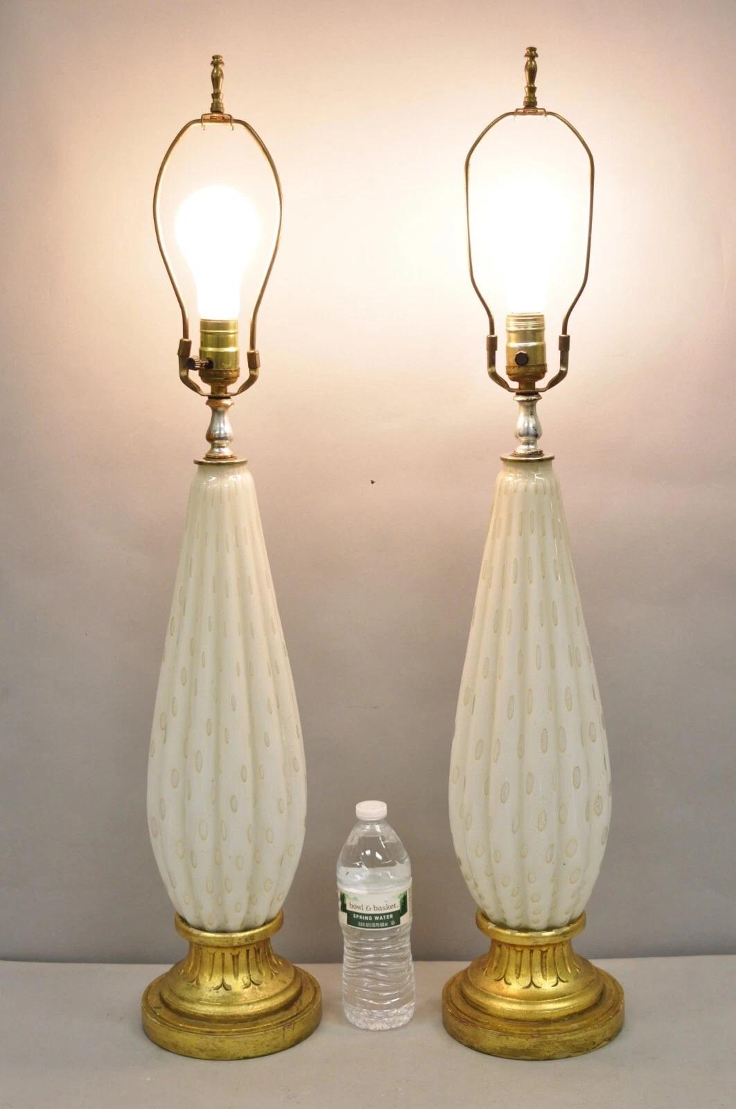 Vintage Mid Century Modern Italian Murano White Blown Glass Table Lamps on Gold Giltwood Bases - a Pair. Circa Mid 20th Century. Dimensions : 33,5