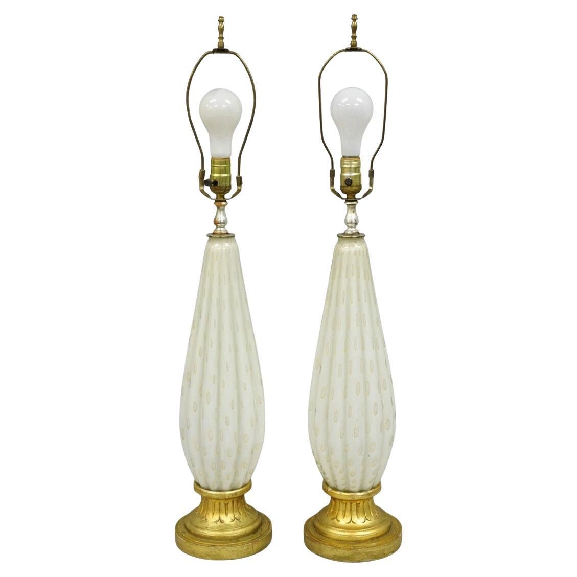 Vintage Mid Century Modern Italian Murano White Blown Glass Table Lamps - a Pair
