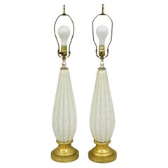 Vintage Mid Century Modern Italian Murano White Blown Glass Table Lamps - a Pair