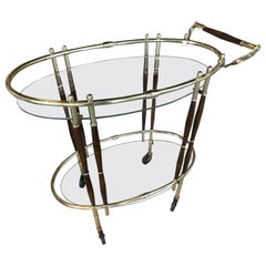 Vintage Mid Century Modern Italian Oval Walnut Wood & Brass Bar Cart