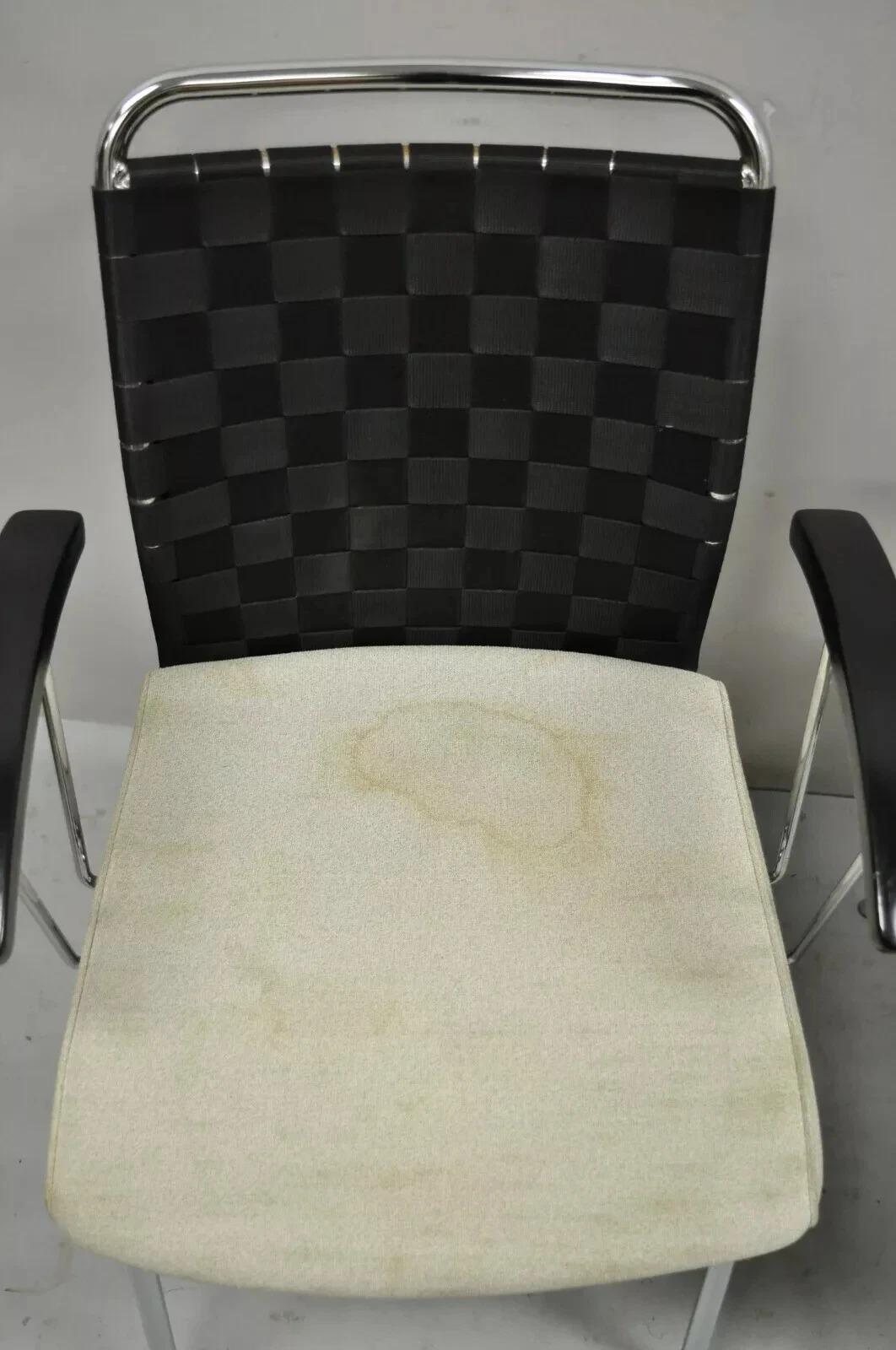 Vintage Mid Century Modern Italian Woven Back Chrome Frame Arm Chairs - a Pair In Good Condition For Sale In Philadelphia, PA