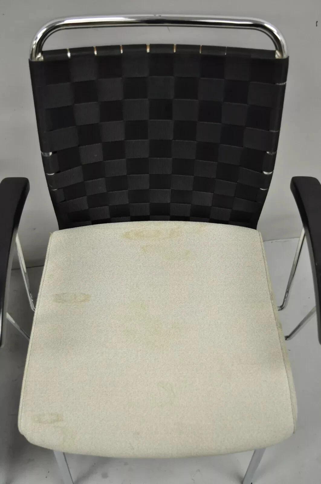Metal Vintage Mid Century Modern Italian Woven Back Chrome Frame Arm Chairs - a Pair For Sale