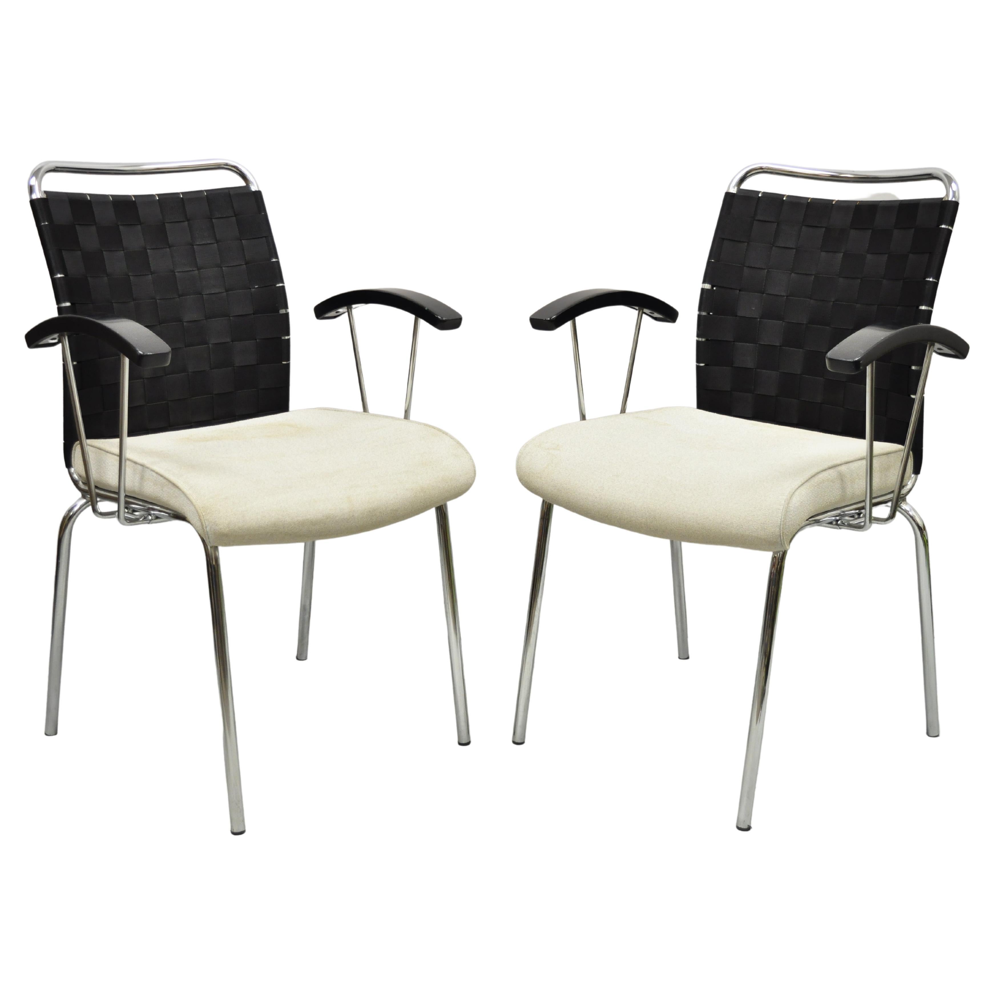 Vintage Mid Century Modern Italian Woven Back Chrome Frame Arm Chairs, Pair