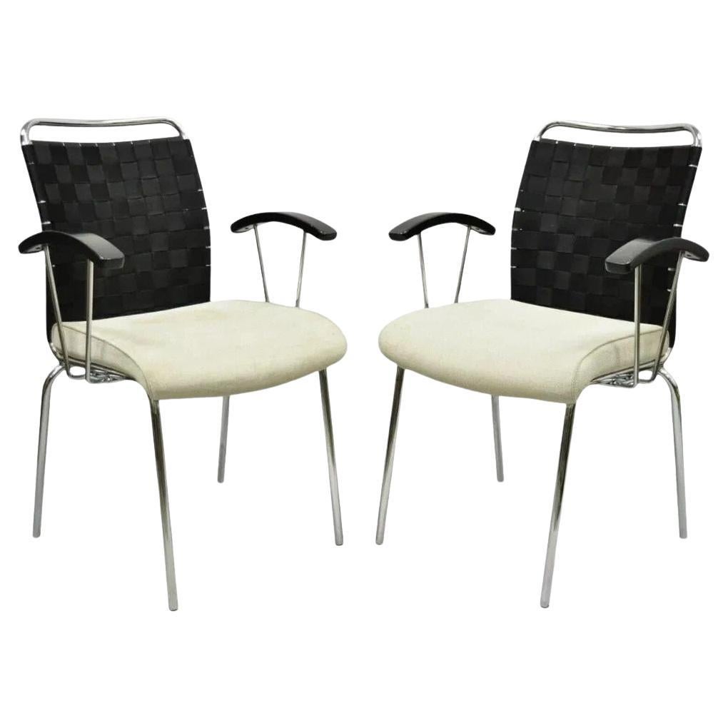 Vintage Mid Century Modern Italian Woven Back Chrome Frame Arm Chairs - a Pair