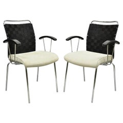 Vintage Mid Century Modern Italian Woven Back Chrome Frame Arm Chairs - a Pair