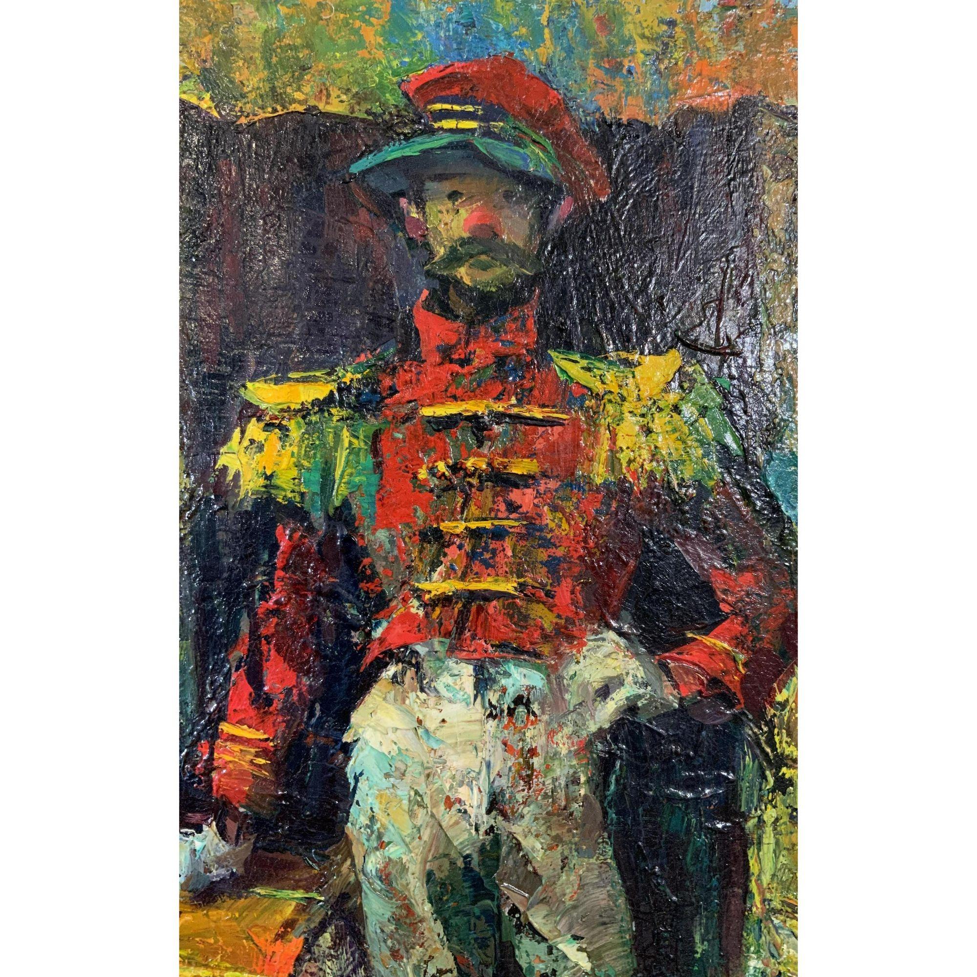 Vintage Mid-Century Modern Iver Rose Oil Painting of a Clown Soldier In Good Condition For Sale In LOS ANGELES, CA