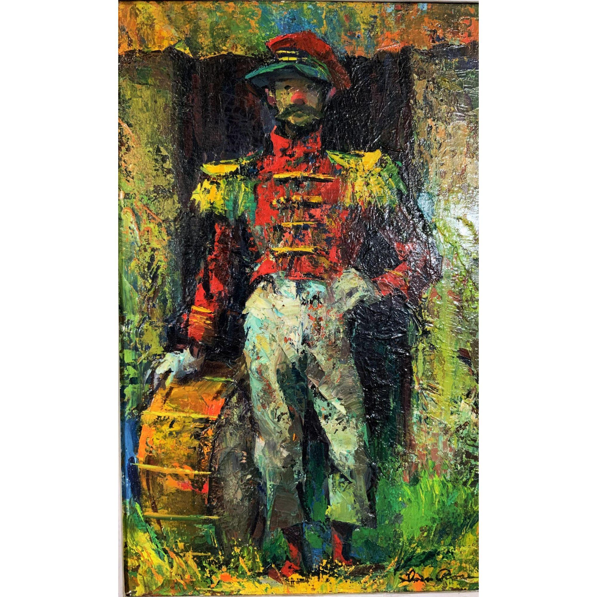 20th Century Vintage Mid-Century Modern Iver Rose Oil Painting of a Clown Soldier For Sale