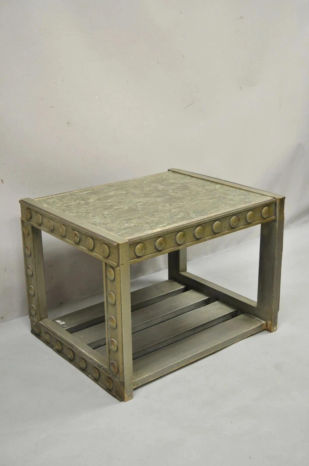 Please message us with your zip code to request a more reasonable domestic U.S. shipping quote.

Vintage Mid Century Modern James Mont Style Silver Brutalist Side End Table. Item features a faux marble wooden lacquer top, lower slatted shelf,