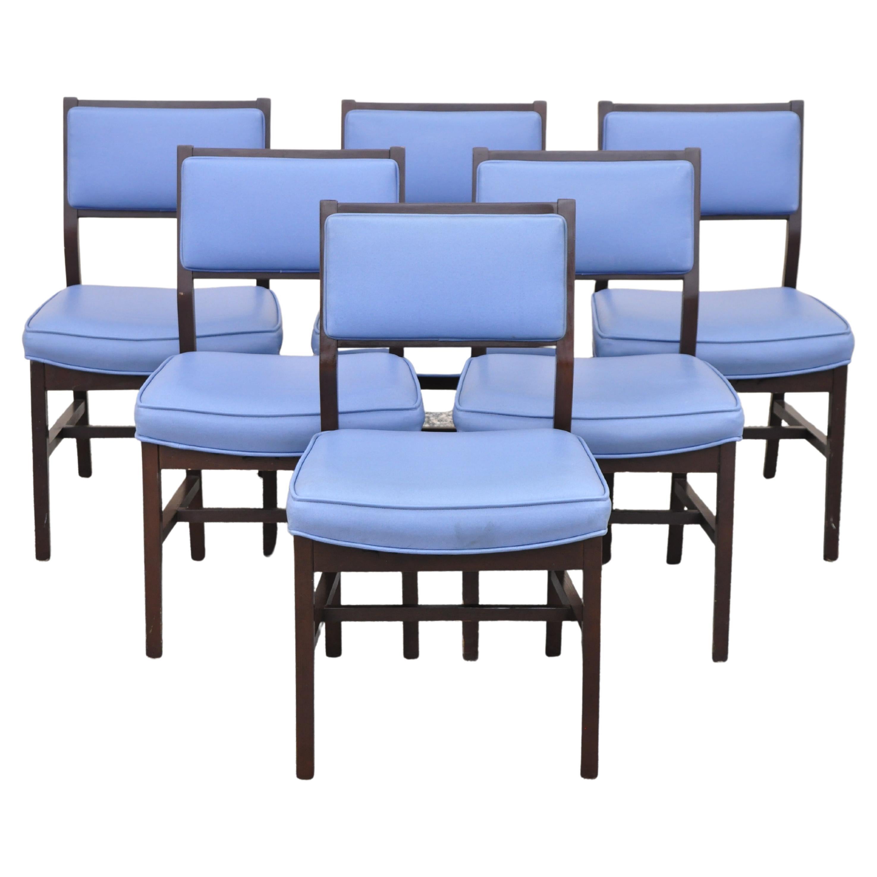 Chaise de salle à manger vintage bleue sculptée de style Jens Risom, mi-siècle moderne, lot de 6