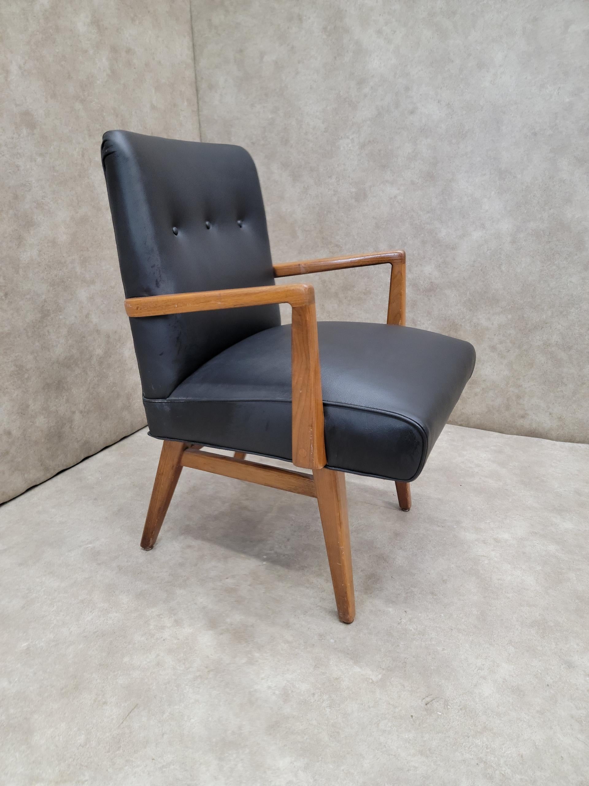 Américain Chaise Vintage Mid Century Modern Jens Risom en cuir noir en vente