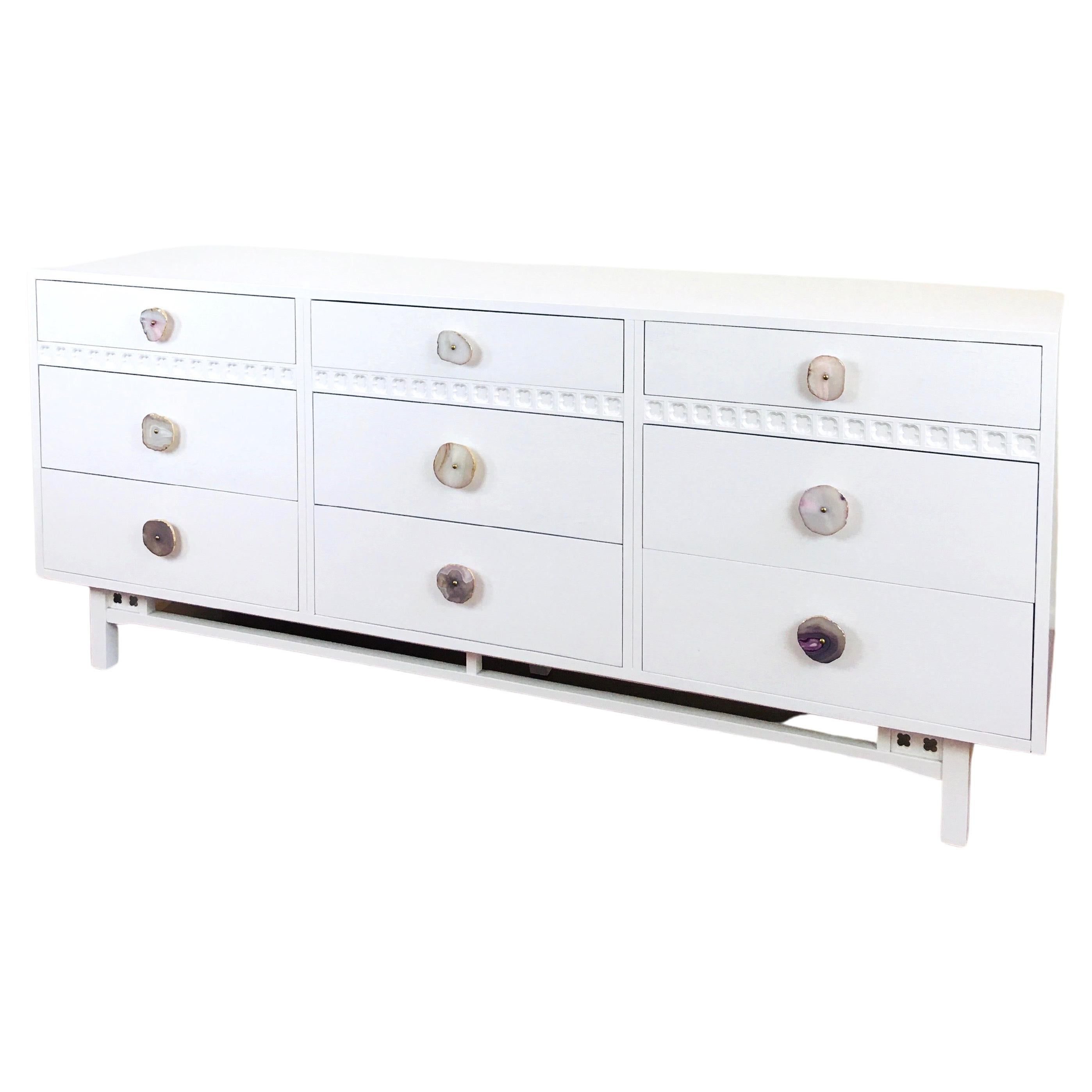 White Lacquer MidCentury Modern Dresser with Ornate Drawer Pulls For