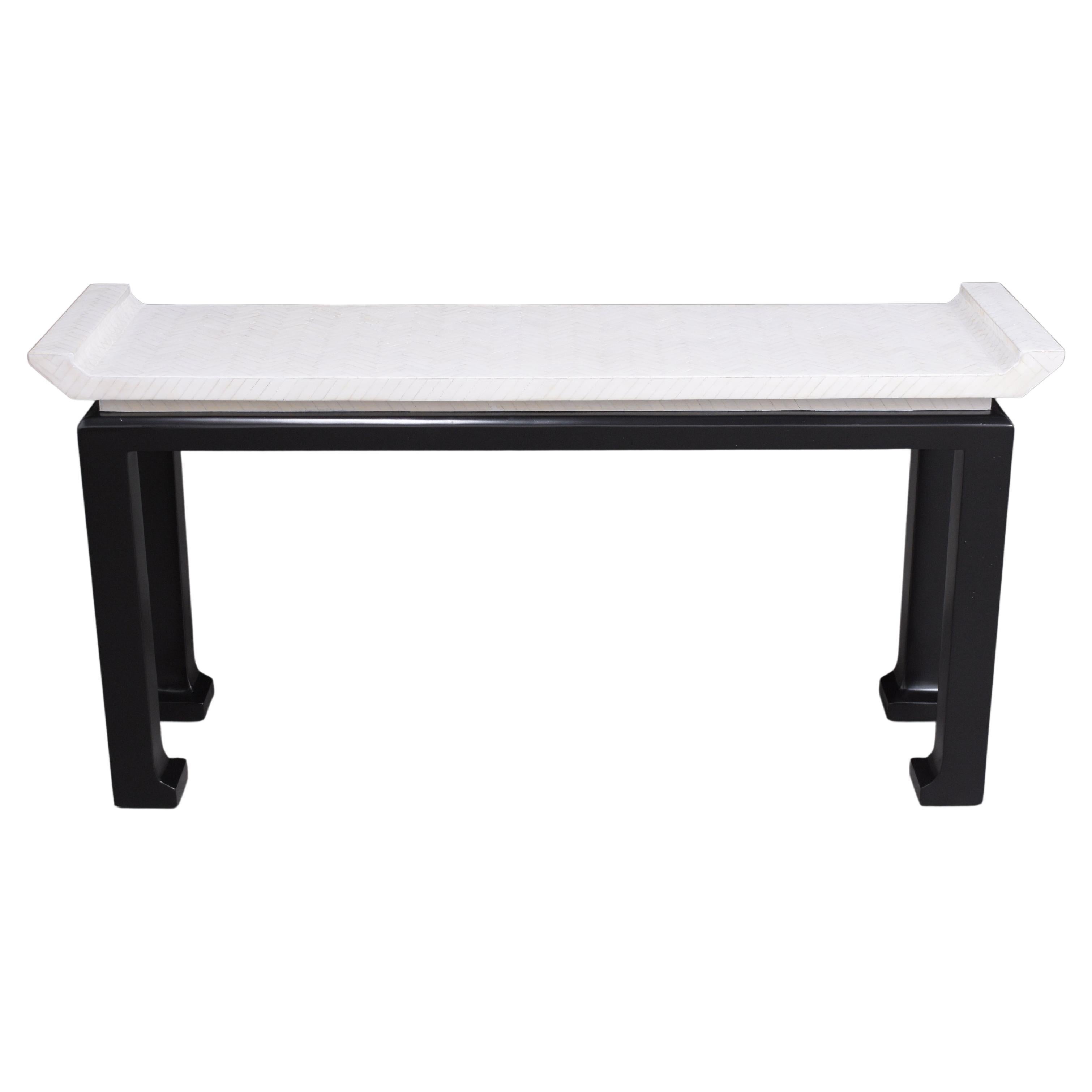 Vintage Mid-Century Lacquered Console Table with Bone Veneers & Ebonized Legs