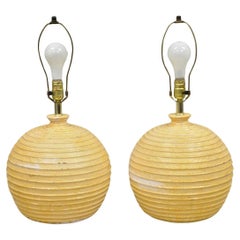 Vintage Mid Century Modern Lacquered Fiberglass Round Beehive Table Lamps - Pair