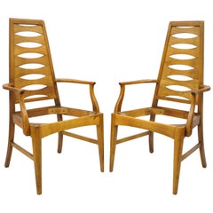 Vintage Mid-Century Modern Ladder Back Sculpted Walnut Dining Arm Chairs, Pair