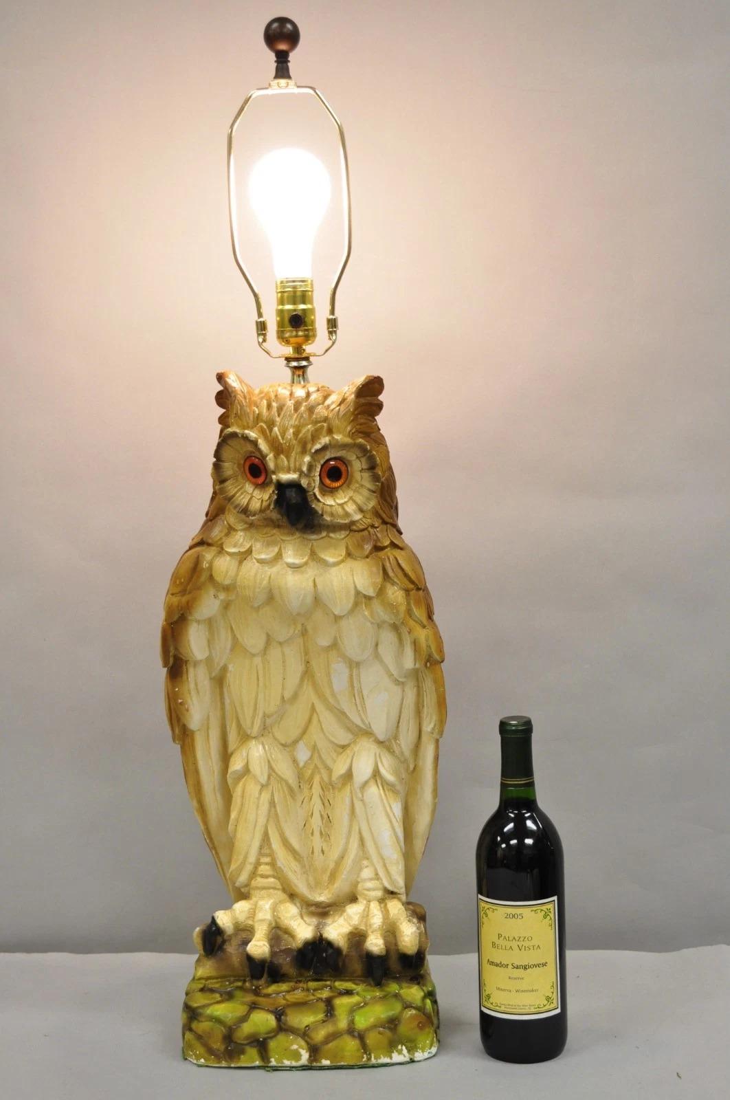 Vintage Mid Century Modern Large Chalkware Painted Owl Sculpture Table Lamp. Circa Late 20th Century. Measurements: 35