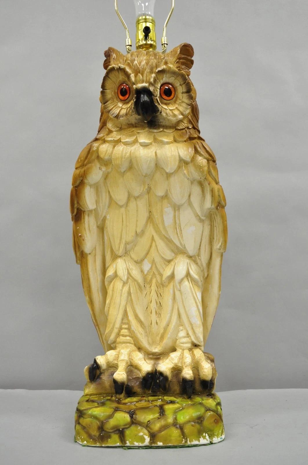 Mid-Century Modern Vintage Mid Century Modern Large Chalkware Painted Owl Sculpture Table Lamp For Sale