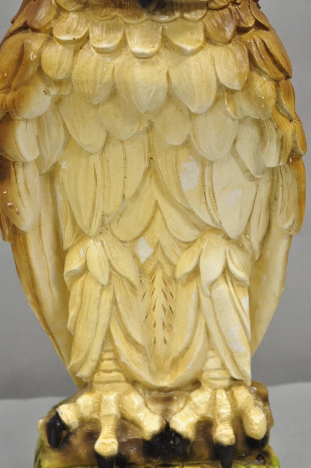 20th Century Vintage Mid Century Modern Large Chalkware Painted Owl Sculpture Table Lamp For Sale