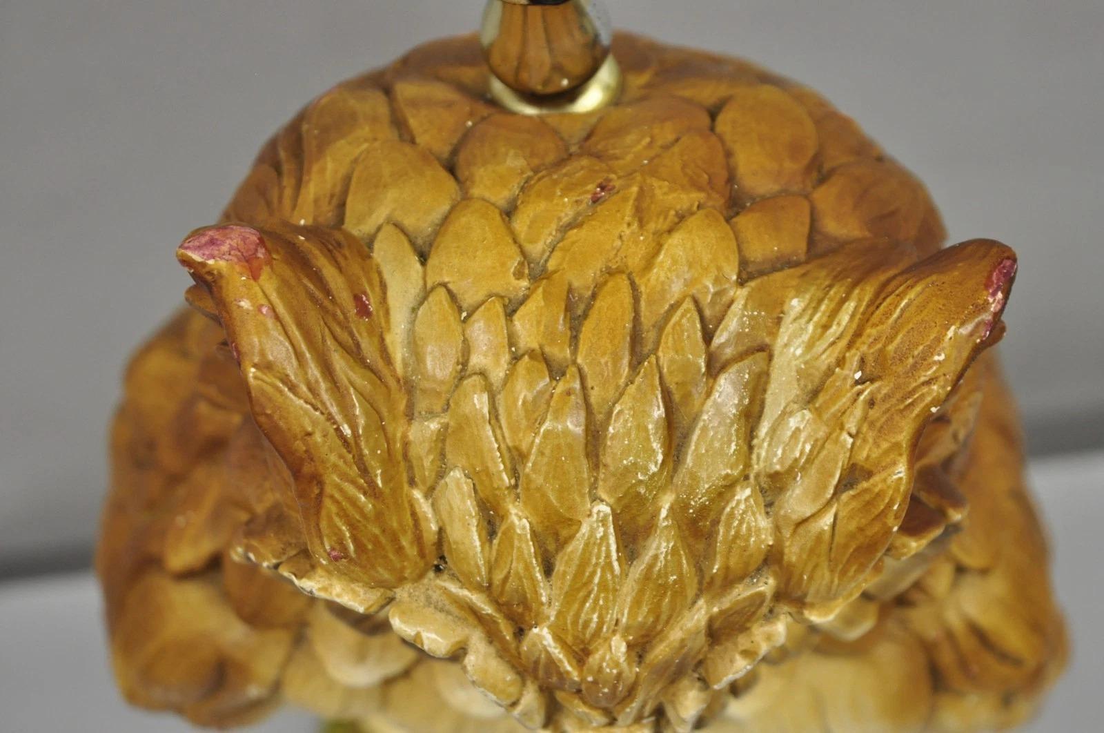 Vintage Mid Century Modern Large Chalkware Painted Owl Sculpture Table Lamp For Sale 1