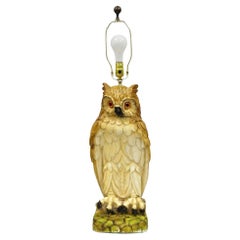 Vintage Mid Century Modern Large Chalkware Painted Owl Sculpture Table Lamp