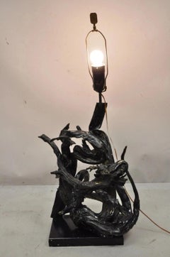 Vintage Mid Century Modern Large Driftwood Wooden Black Sculptural Table Lamp
