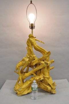 Vintage Mid Century Modern Large Driftwood Yellow Painted Tiki Room Table Lamp