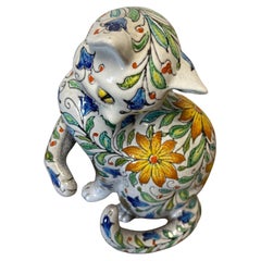 Vintage Mid-Century Modern Large Italian Majolica Floral Sitting Cat Sculpture
