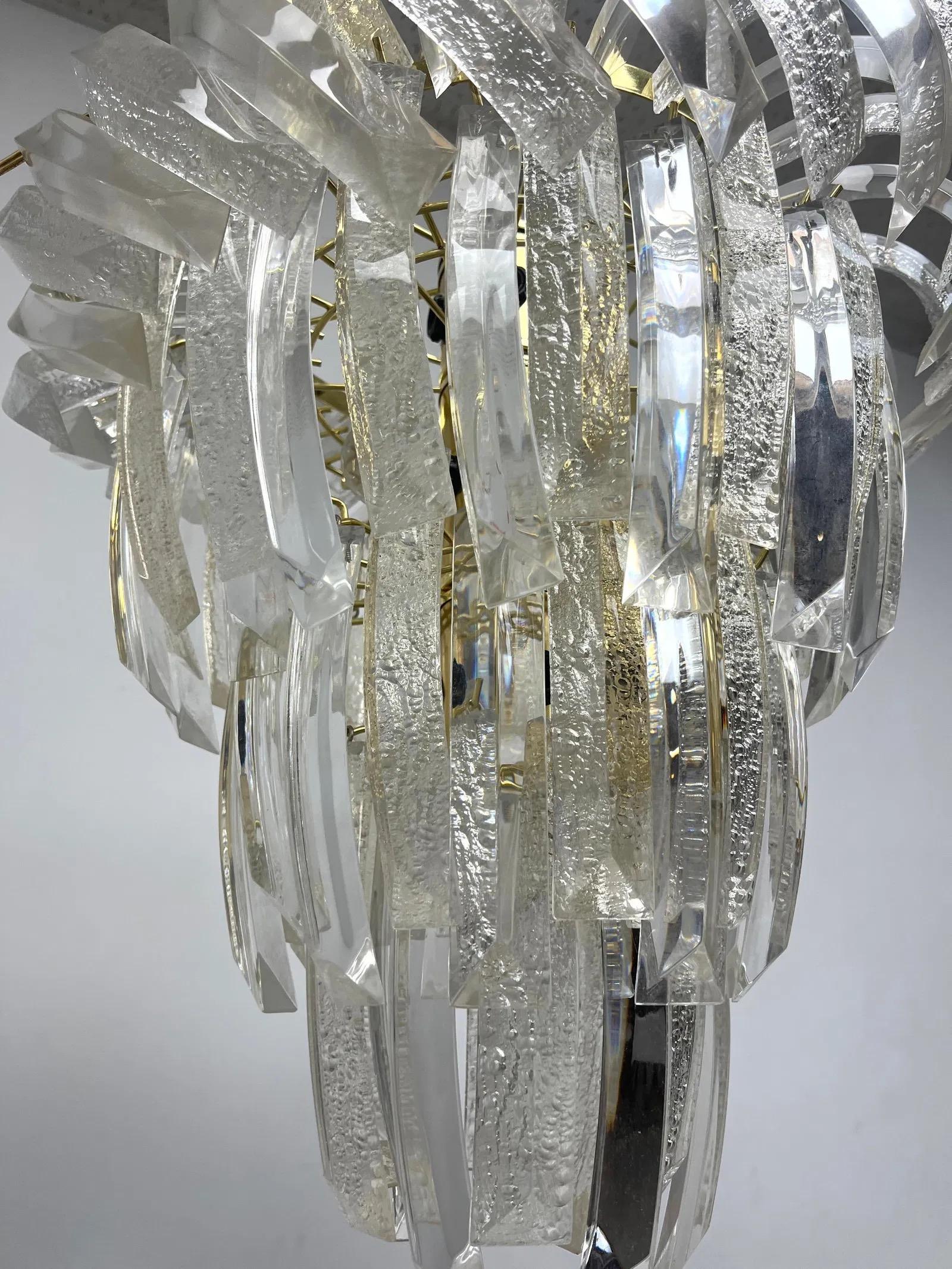 Metal Vintage Mid Century Modern Large Three-Tier Lucite Chandelier For Sale