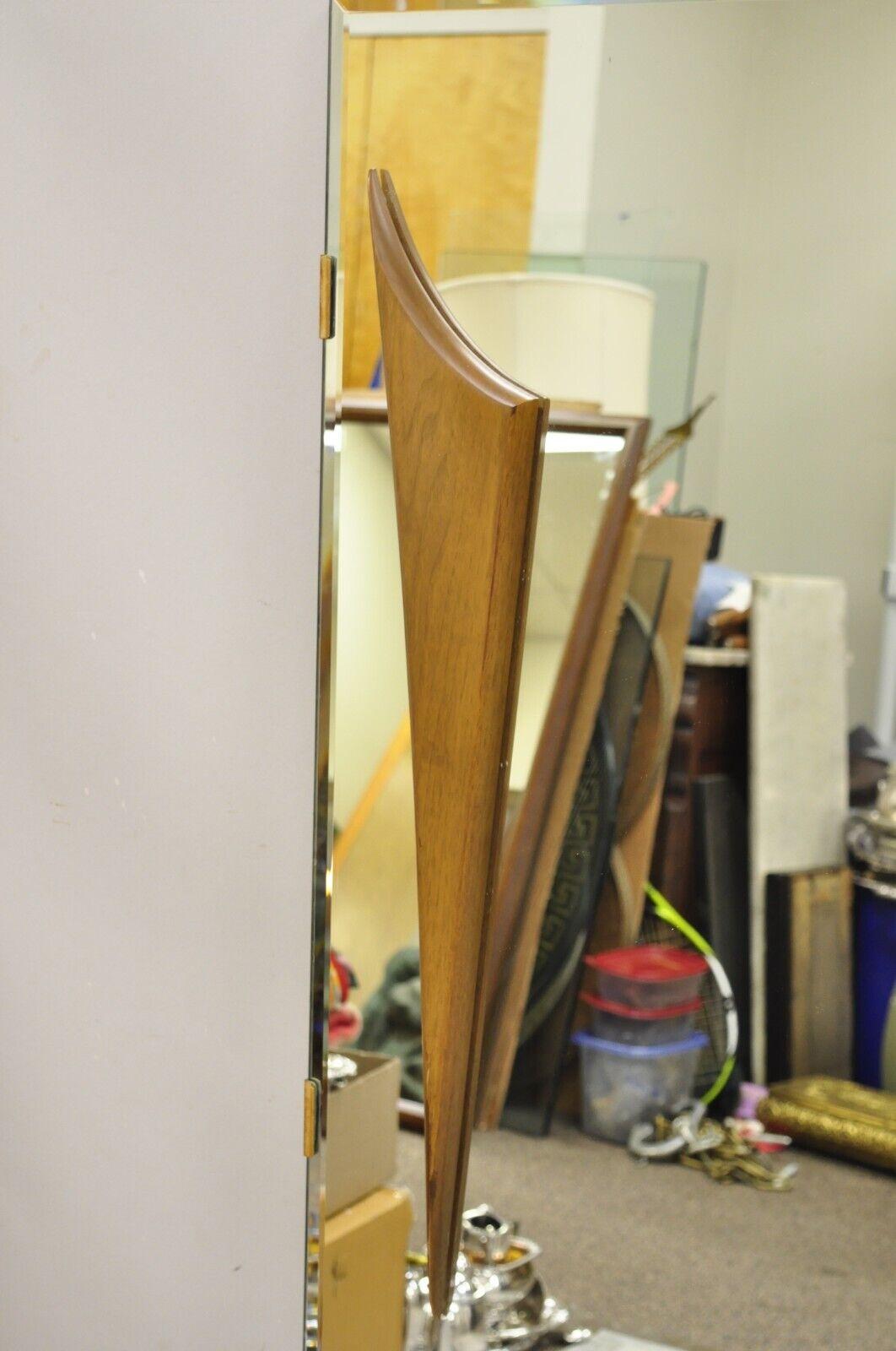 Vintage Mid Century Modern Large Wall Mirror with Sculpted Walnut Accents For Sale 5