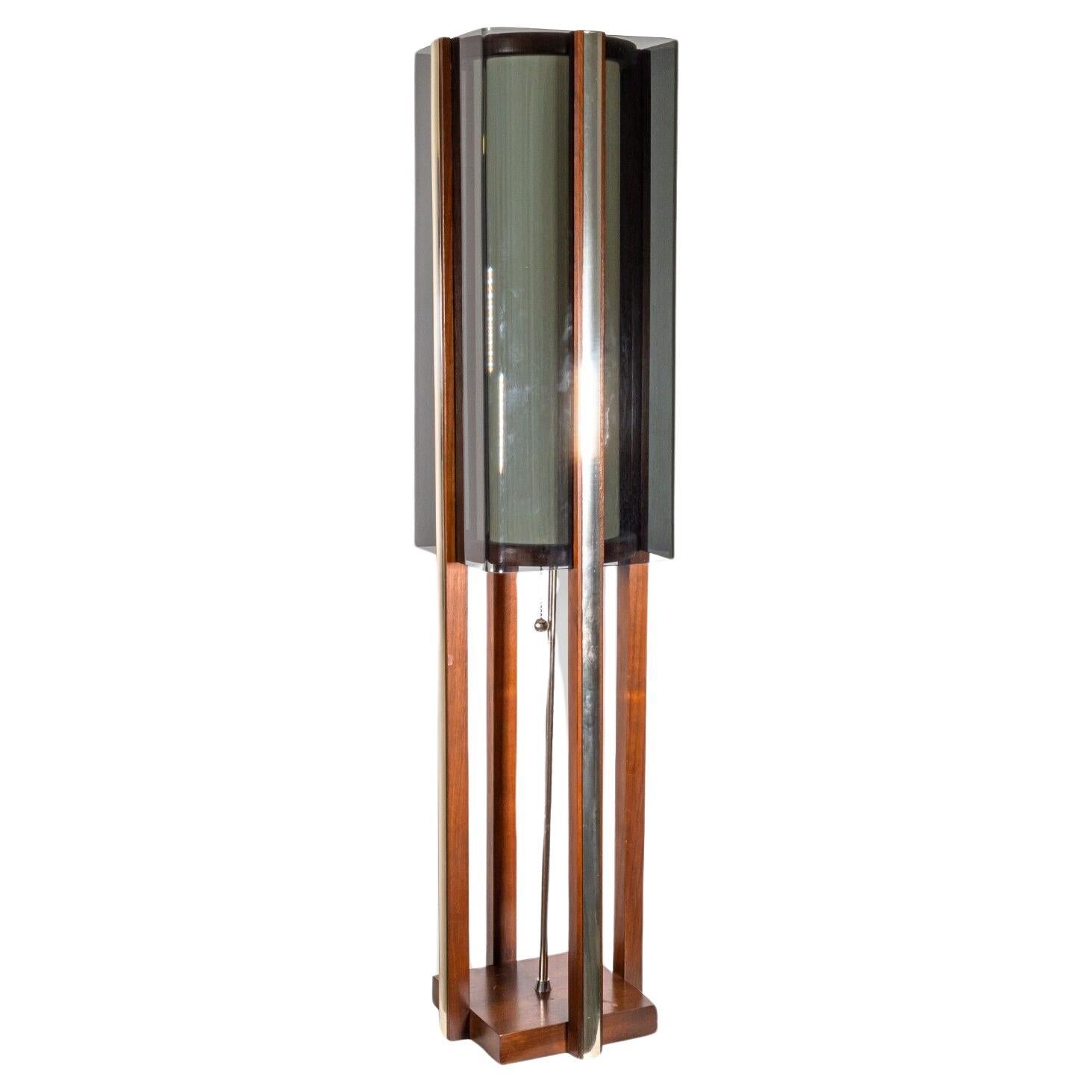Vintage Mid Century Modern Large Walnut Smoked Lucite and Chrome Table Lamp