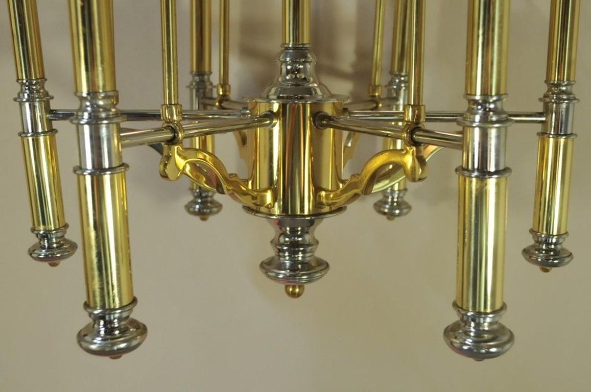 Vintage Mid-Century Modern Lightolier Chrome and Brass Art Deco Style Chandelier In Good Condition In Philadelphia, PA