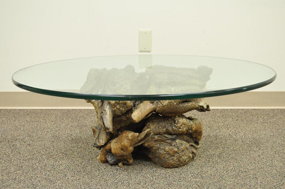 Vintage Mid-Century Modern Live Edge Drift Wood Glass Top Burl Wood Coffee Table For Sale 3