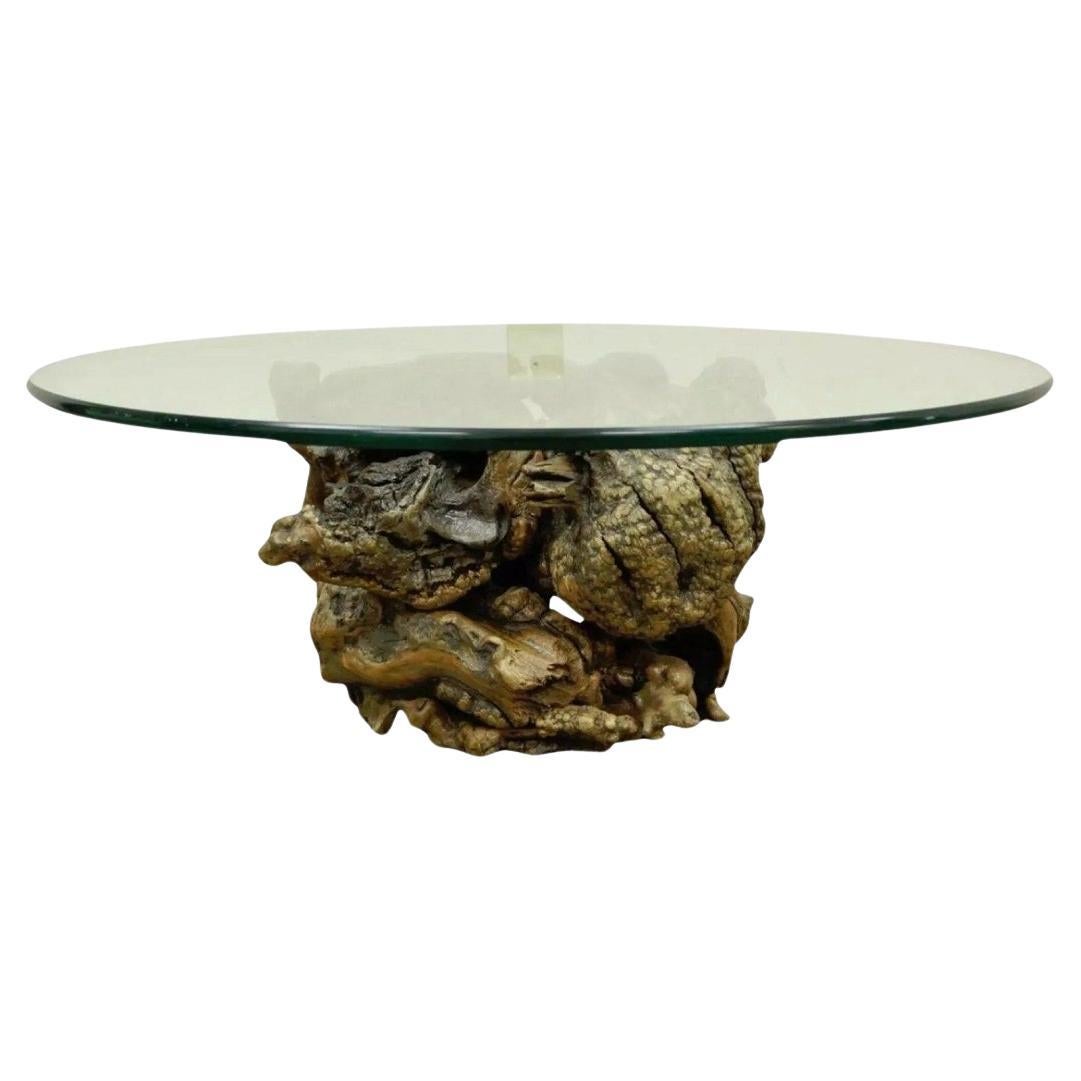 Vintage Mid Century Modern Live Edge Glasplatte Burl Wood Pedestal Couchtisch
