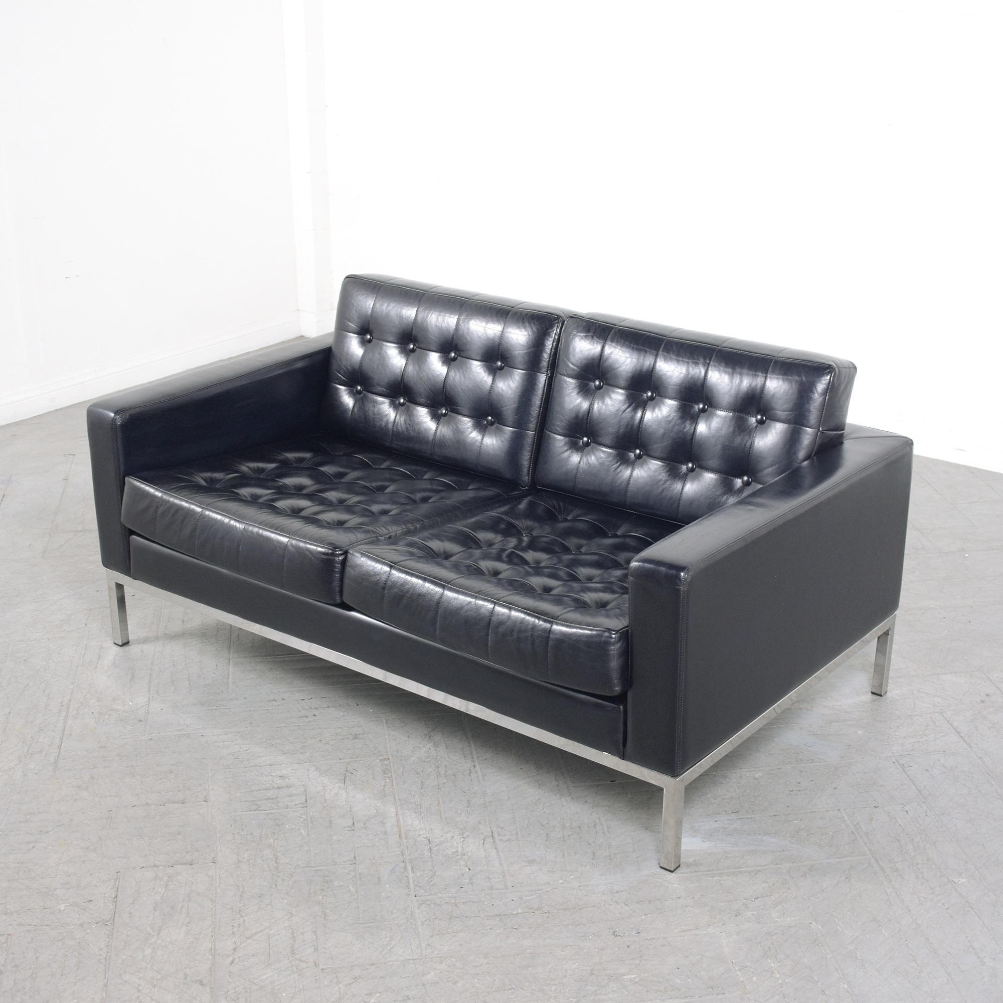 Modern Tufted Leather Loveseat: Dark Navy Blue Inspired by  Milo Baughman Design In Good Condition In Los Angeles, CA