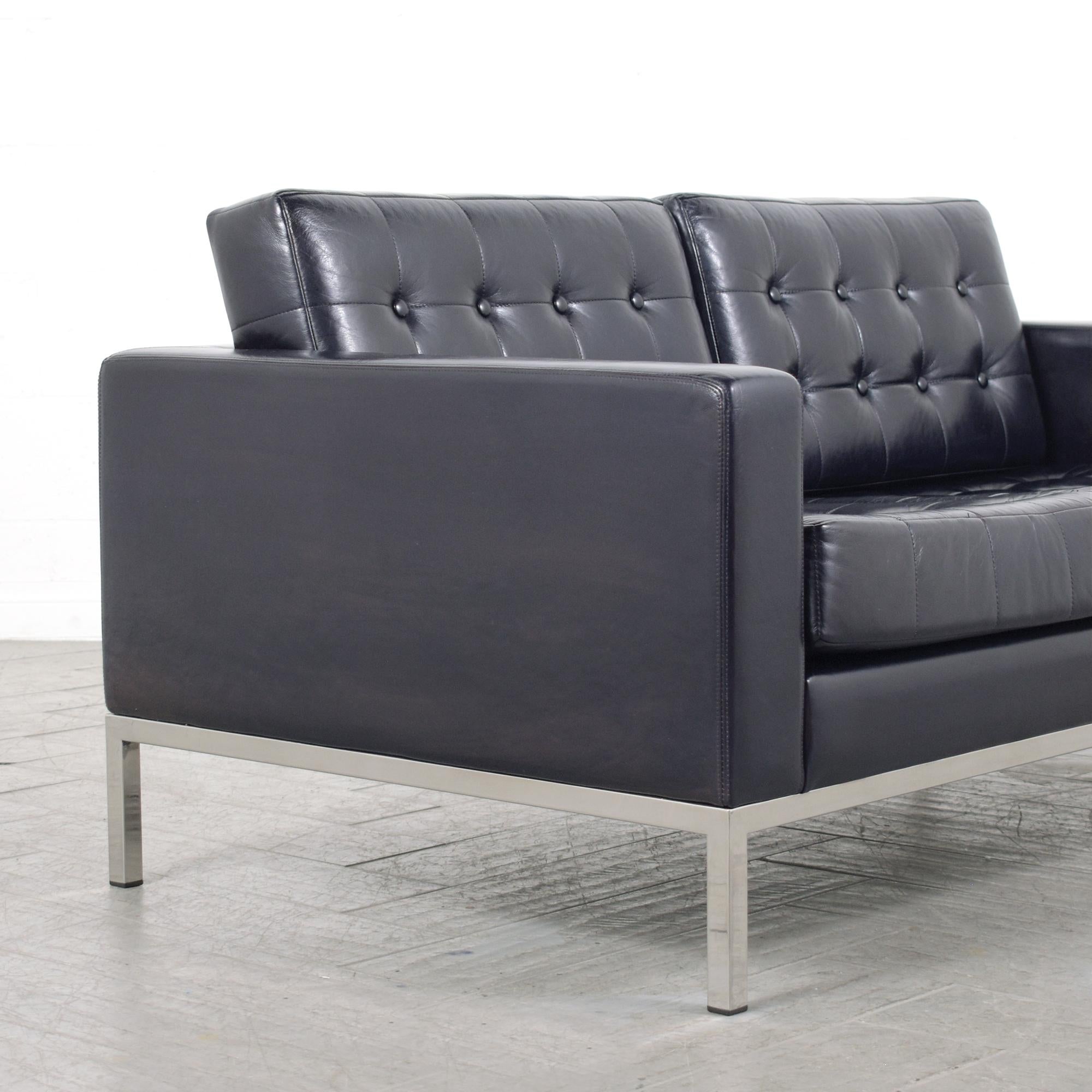 Wood Modern Tufted Leather Loveseat: Dark Navy Blue Inspired by  Milo Baughman Design