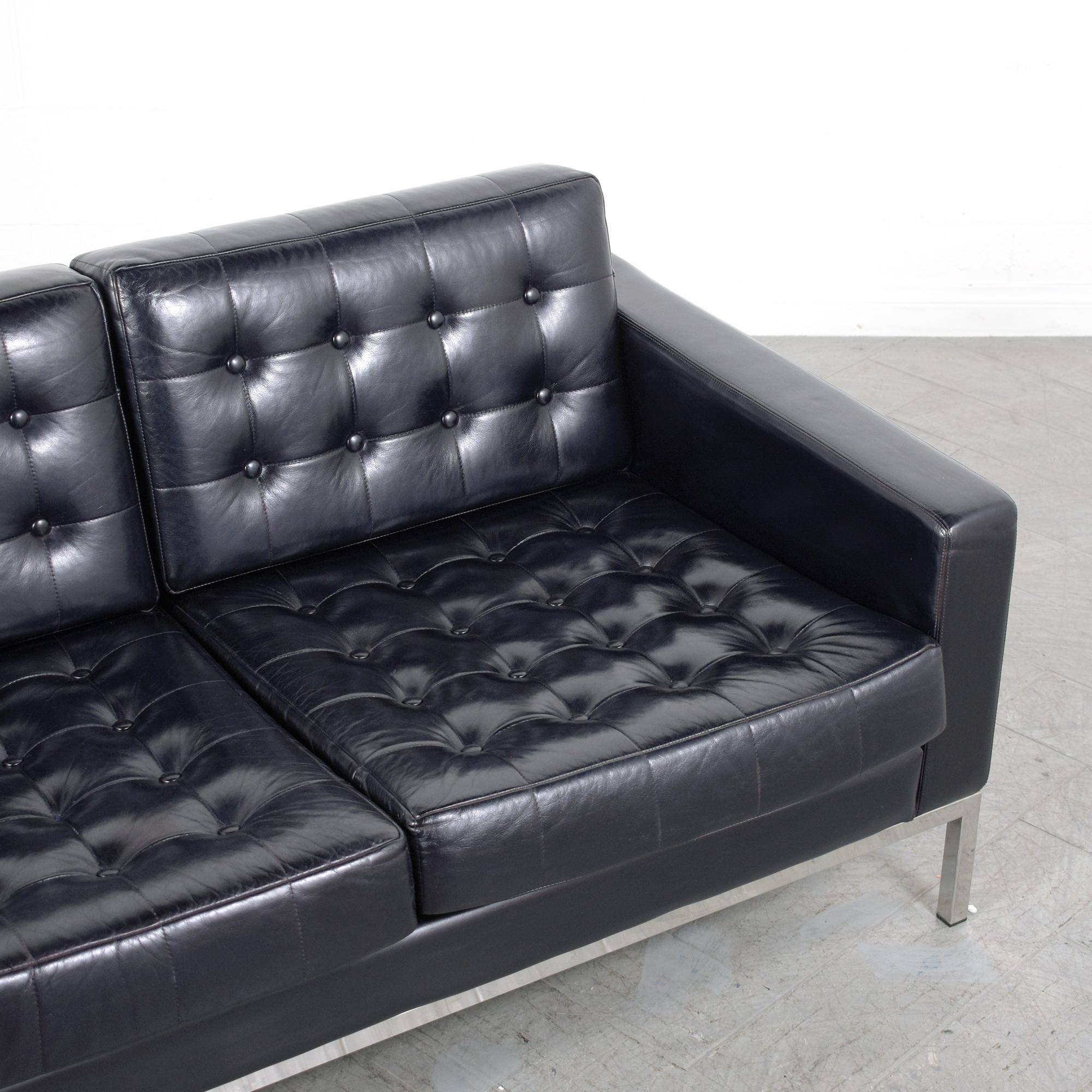 Modern Tufted Leather Loveseat: Dark Navy Blue Inspired by  Milo Baughman Design 1
