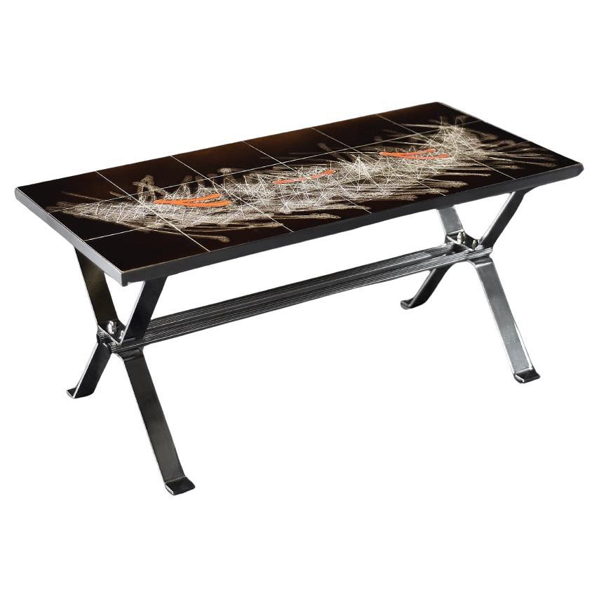 Vintage Mid-Century Modern Low Coffee Table with Tile Ceramic Top, 1970s