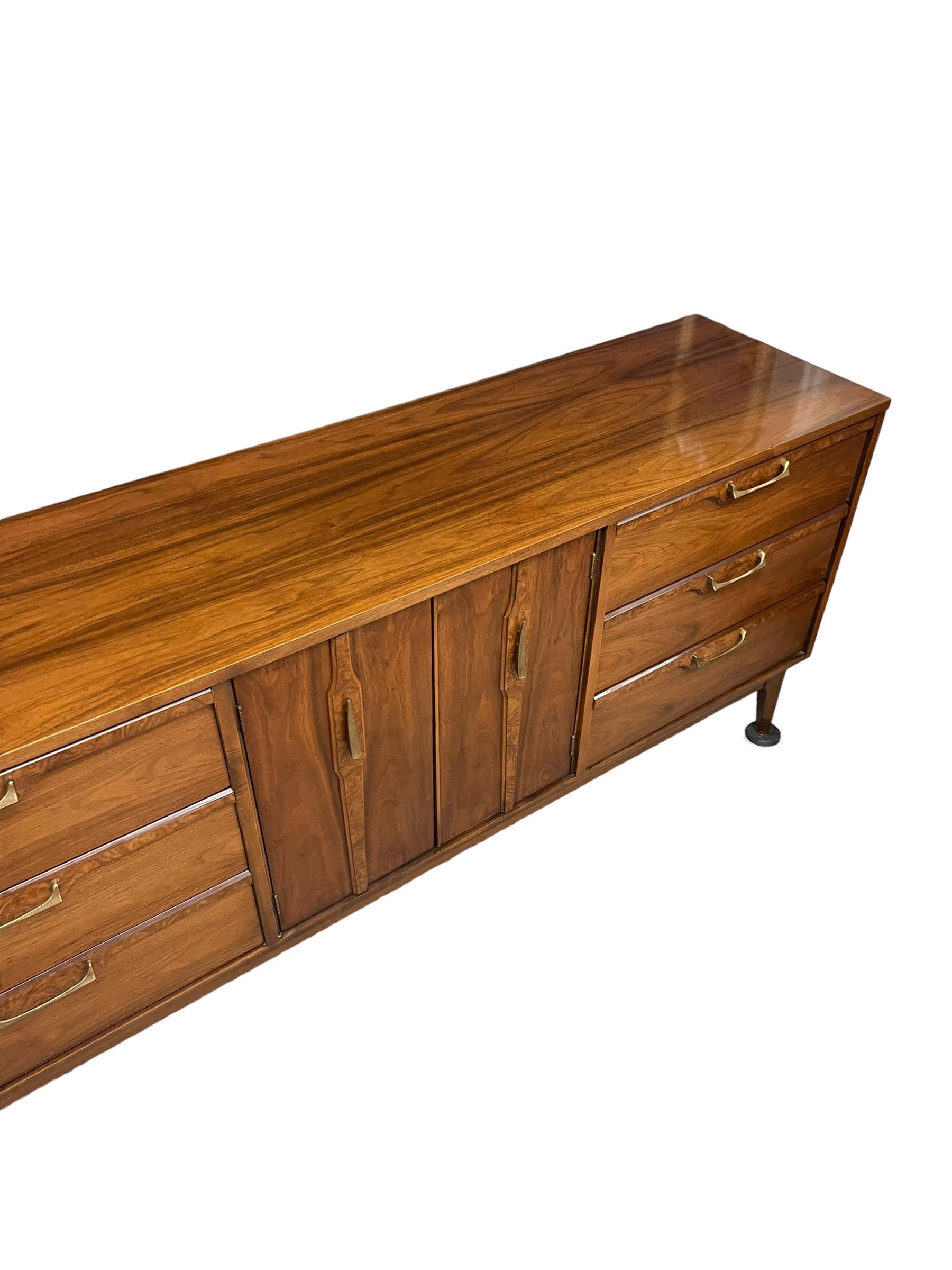 Vintage Mid Century Modern Lowboy 9 Drawer Dresser Sold Walnut Burl Accent In Good Condition In Seattle, WA